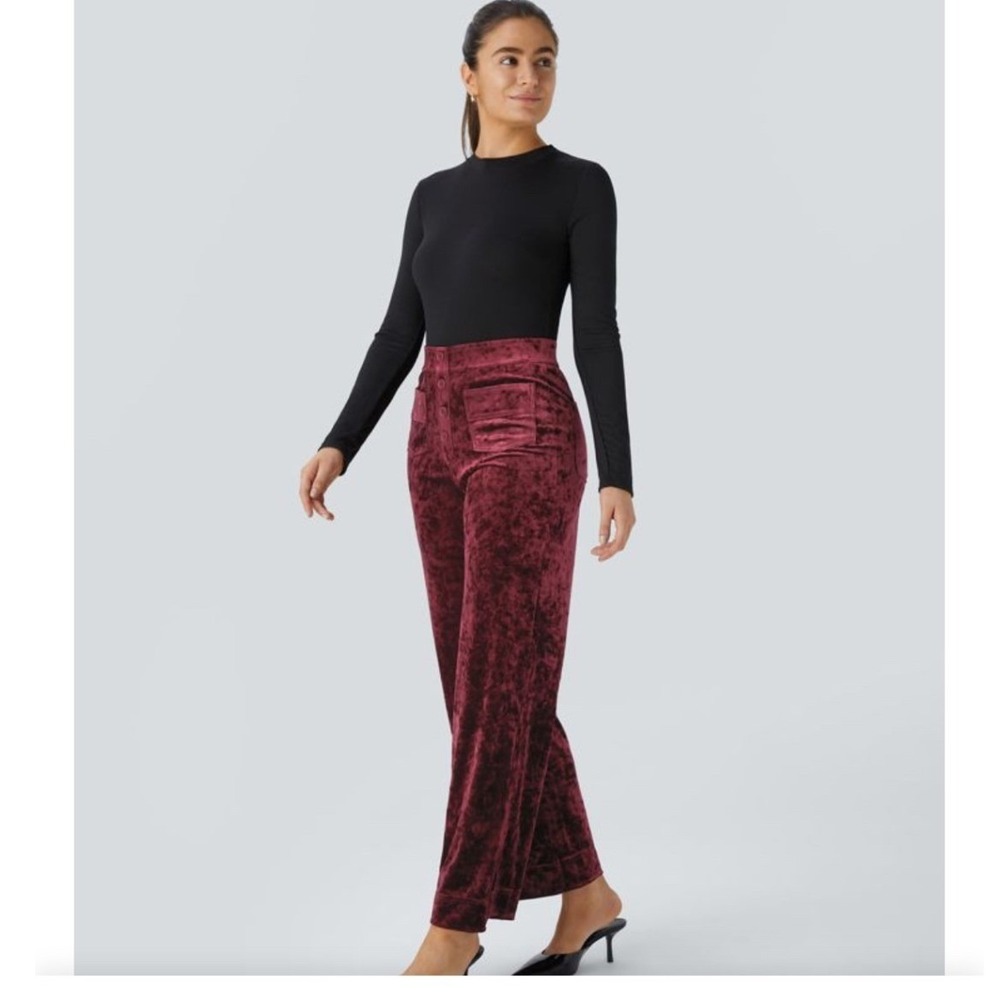 Burgundy Crushed Velvet High Waisted Straight Leg Button Fly Pants Burgundy